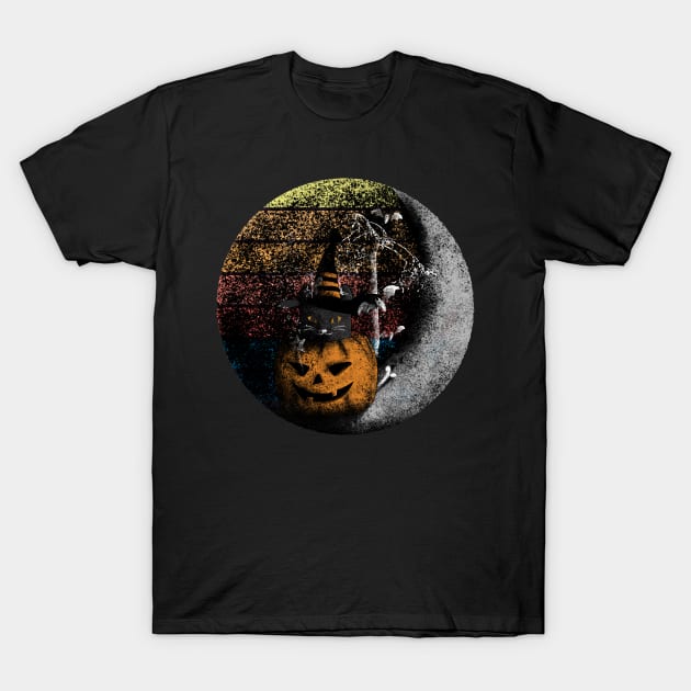 Vintage Halloween Pumpkin Cat Scene T-Shirt by Rishirt